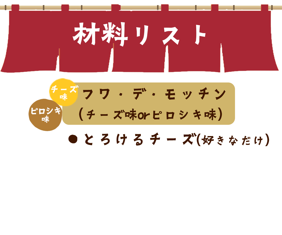 材料リスト：フワ・デ・モッチン（チーズ味orピロシキ味）、とろけるチーズ（好きなだけ）