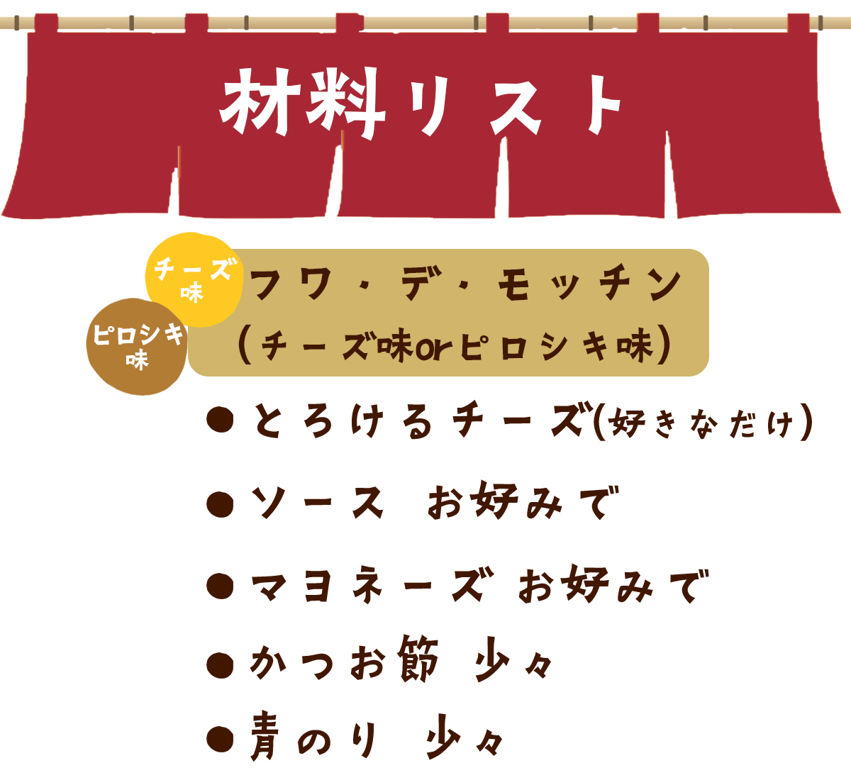 材料リスト：フワ・デ・モッチン（チーズ味orピロシキ味）、とろけるチーズ（好きなだけ）、ソース お好みで、マヨネーズ お好みで、かつお節 少々、青のり 少々